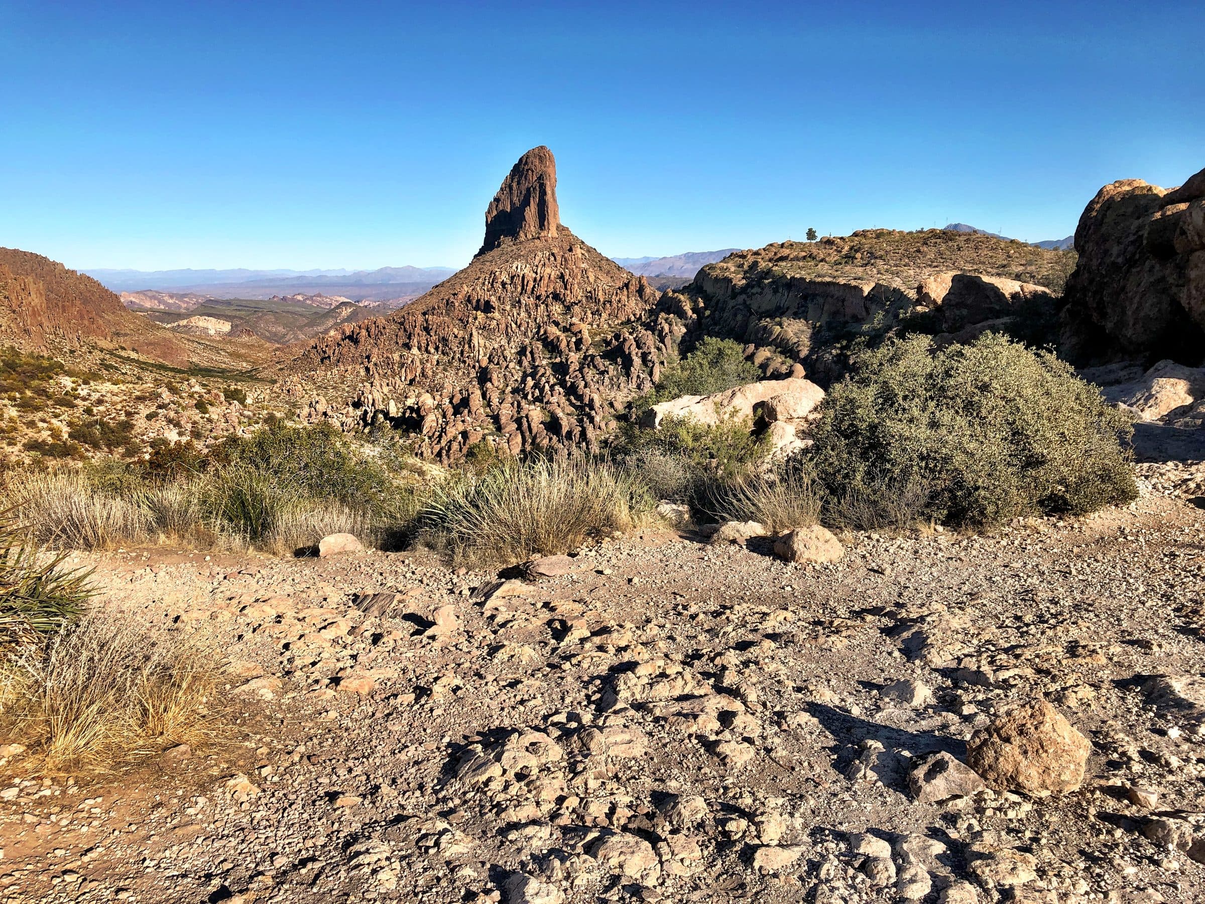 Weaver's Needle rising above rocky desert near Fremont Saddle on the Peralta Trail