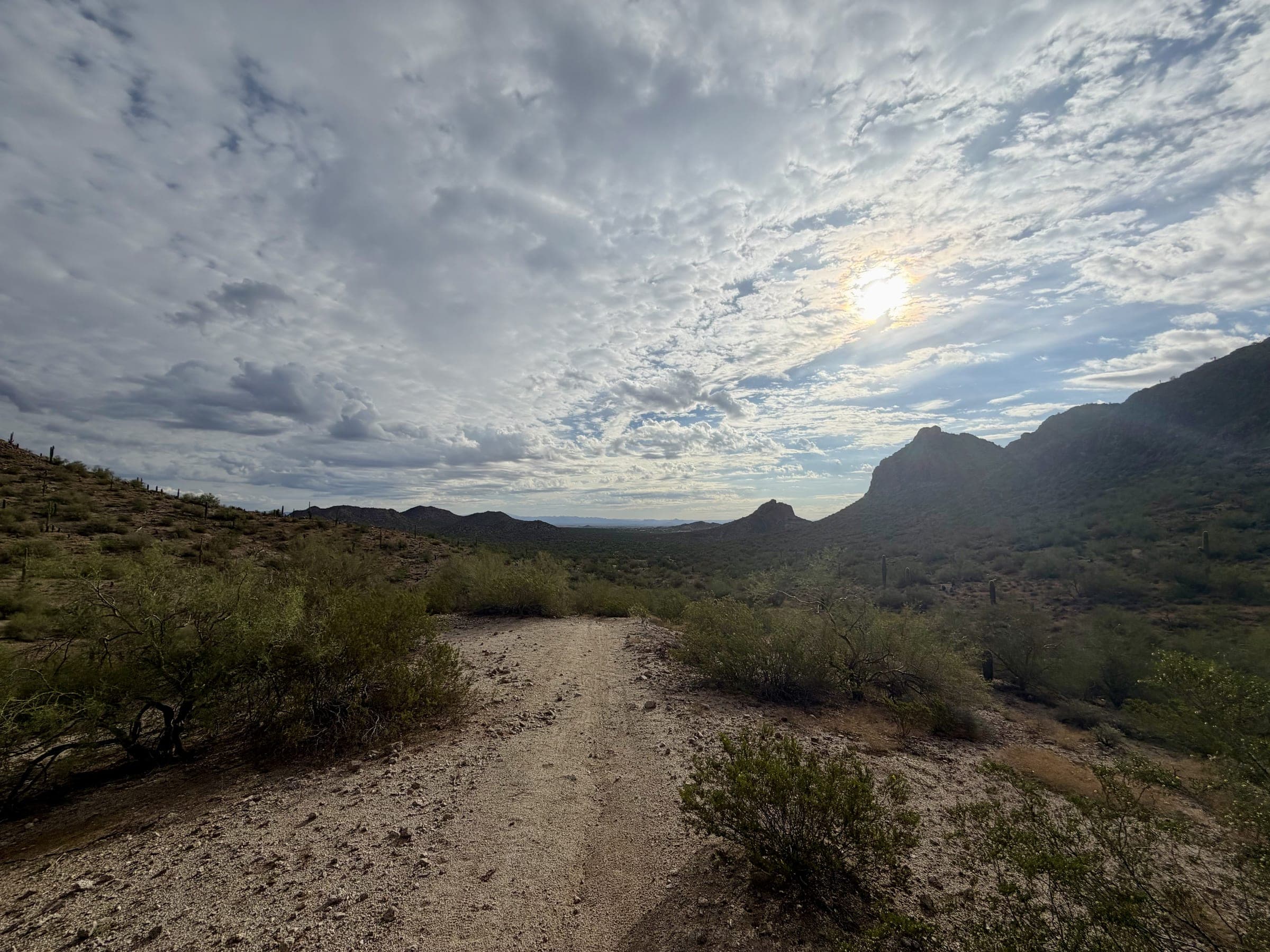 A wide dirt trail running toward the San Tan Mountains under a sky of broken clouds